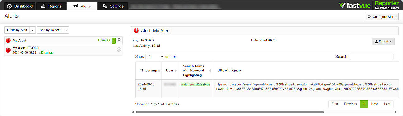 Screenshot of Fastvue Reporter, test alert